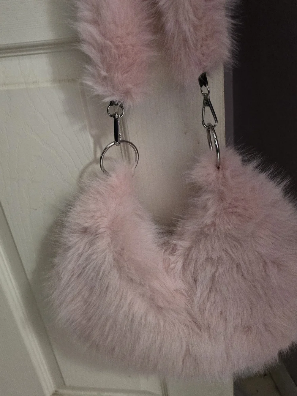 Pink Faux Fur Shoulder Bag with Silver Beaded Strap